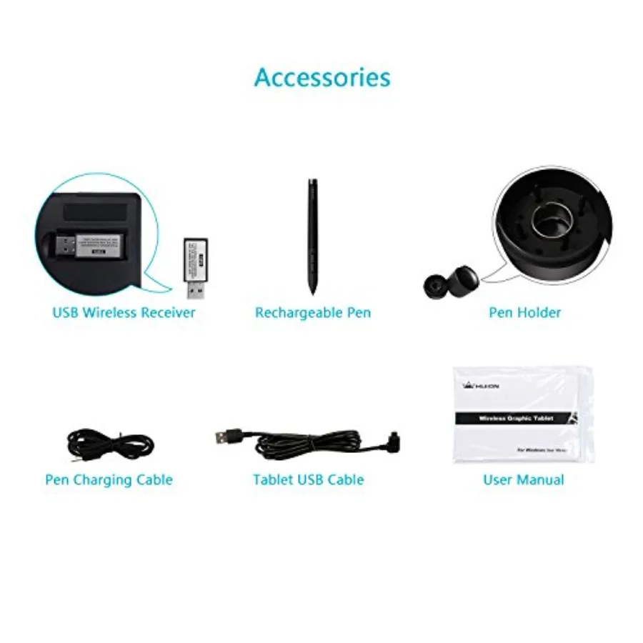 Accessories lineup: USB wireless receiver, rechargeable pen, pen holder, pen charging cable, tablet USB cable, and user manual.