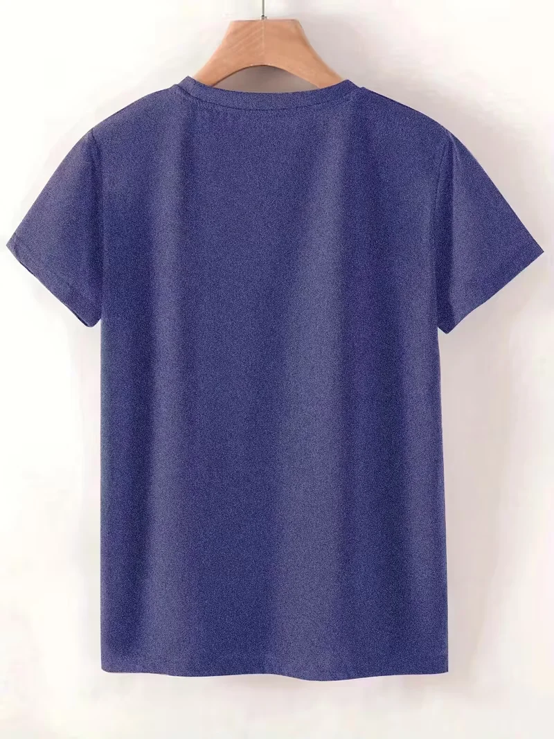 Plus Size Womens Short Sleeve TShirt with Live Laugh Love 2 | PricZone Blue short sleeve T shirt hanging on a wooden hanger viewed from the back against a light background | PricZone