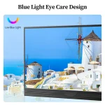 3Inch Portable IPS Monitor for Laptop Mac Phone PS5 Xbox 2 | PricZone Low Blue Light logo on a sunny Cycladic coastal scene with white buildings and a windmill framed by a large screen | PricZone