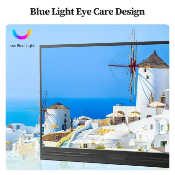 Low Blue Light logo on a sunny Cycladic coastal scene with white buildings and a windmill, framed by a large screen.