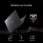 ASUS laptop shown at an angle with Reliable and Durable caption military grade badge and icons for Shock Test Sand and Dust and Vibration Test on a dark background | PricZone