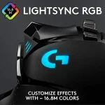 Close up of a black gaming headset with a glowing blue G logo and RGB accents promotional text reads LIGHTSYNC RGB and Customize effects with ~168M colors | PricZone