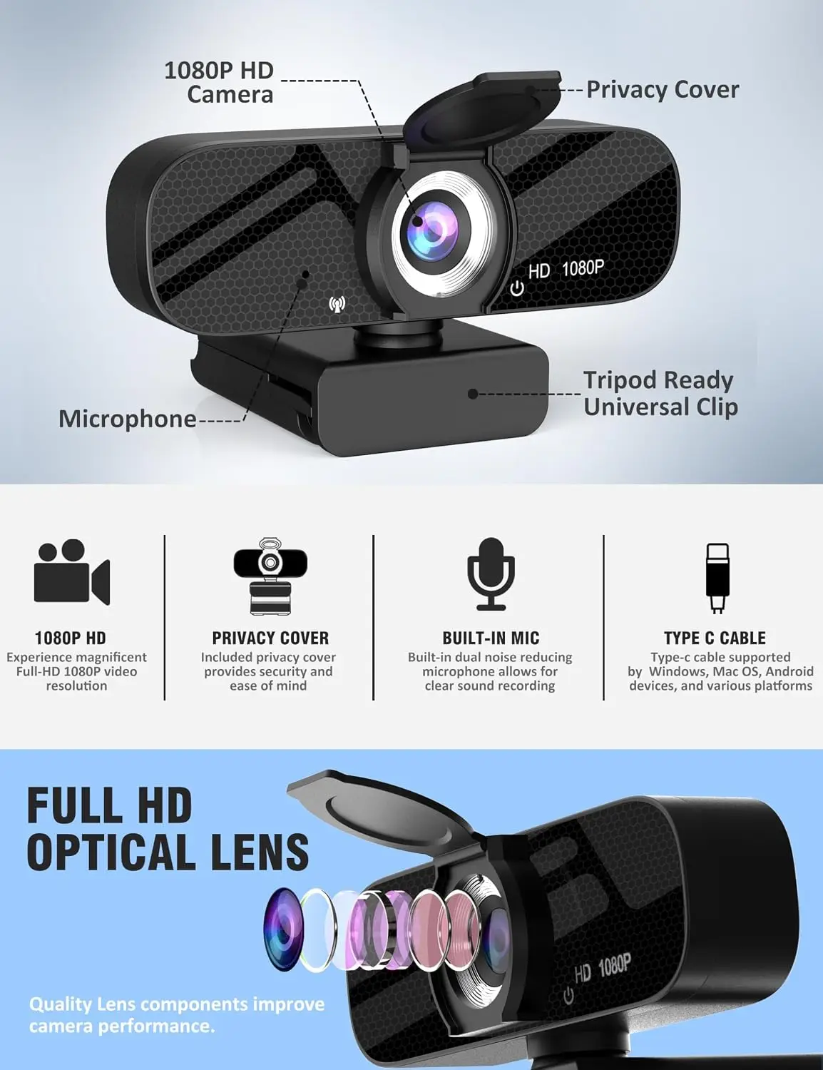 USB HD Webcam with Built-In Microphone 1080P Video 10