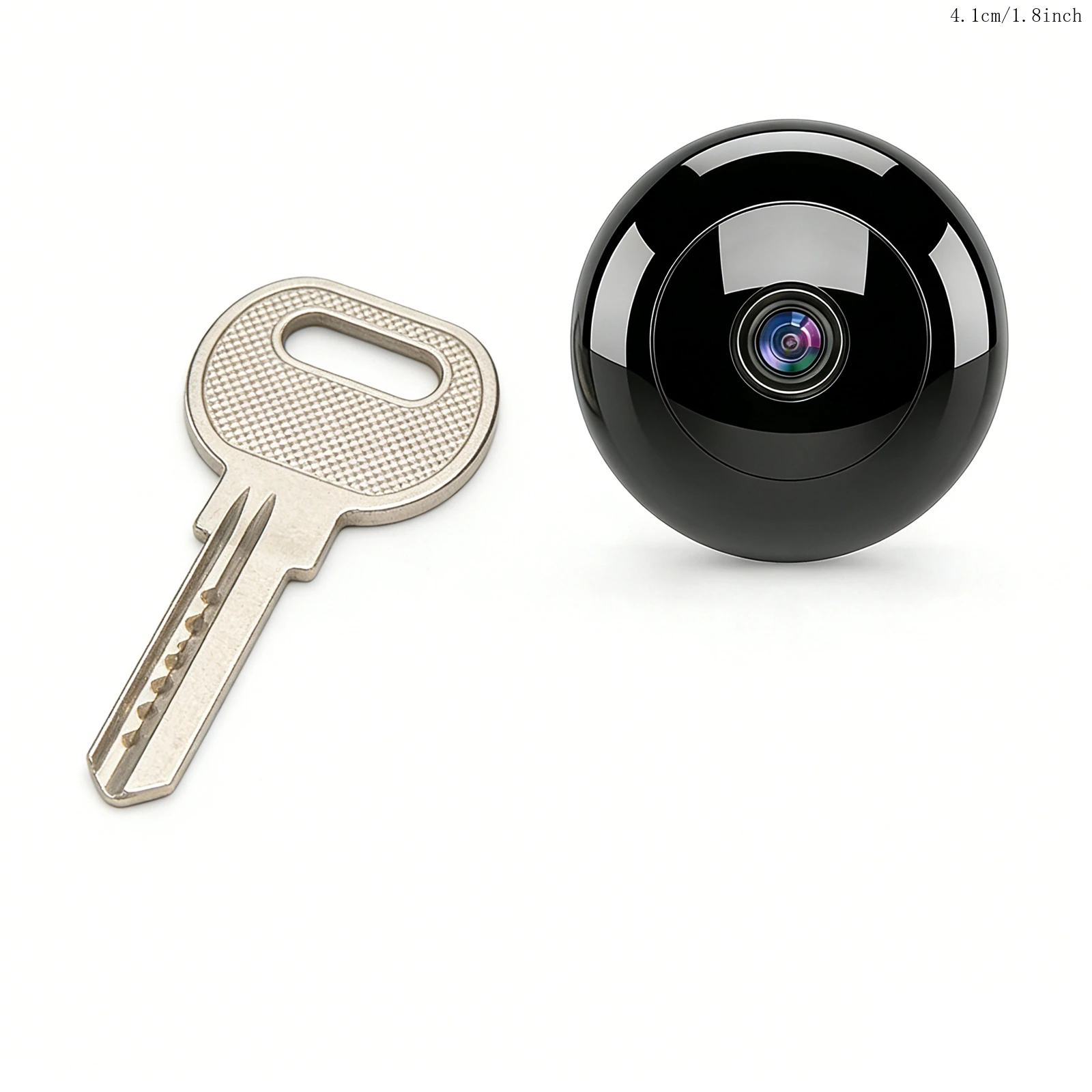 9 Inch Home Camera with Night Vision and Motion Detection 1 | PricZone A metal key lying next to a glossy black spherical security camera with a lens in the center on a white background | PricZone