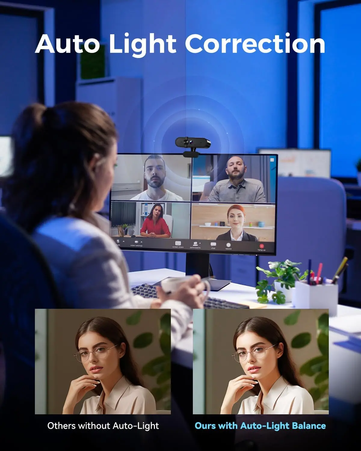 Video conference setup showing a monitor with a grid of participants and a banner that says 'Auto Light Correction', illustrating lighting balance.