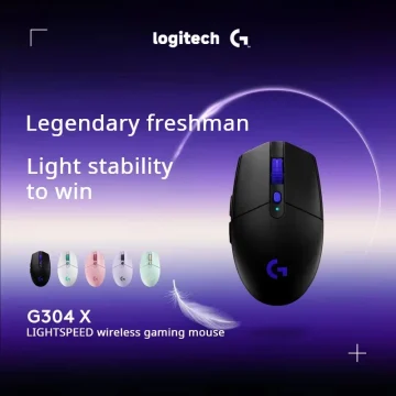 Advertisement for Logitech G304 X Lightspeed wireless gaming mouse; large black mouse with blue LED wheel on a purple gradient background with smaller color variants at left.