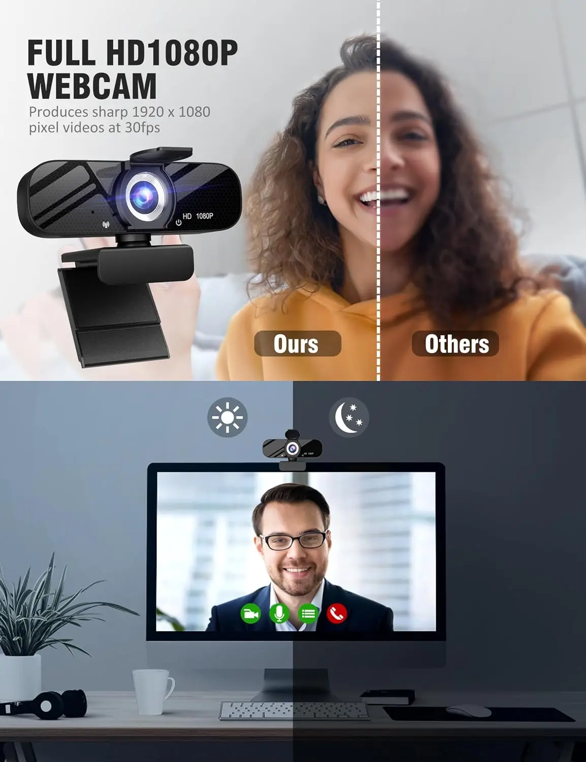 Split-screen, 'Our' vs 'Others' webcam quality with a smiling woman on the right and a close-up webcam on the left; top text reads Full HD1080p webcam, day/night icons above a monitor scene below visually contrasts performance.