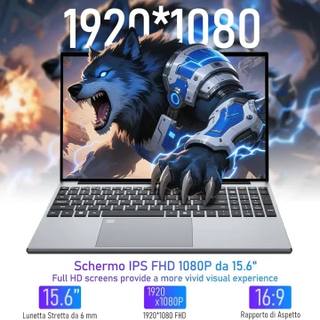 Blue robotic wolf leaping from a laptop screen with electric blue accents, promoting a 15.6" IPS FHD display (1920x1080).