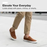 Person wearing tan rolled chinos and brown slip on sneakers walks on a sidewalk promoting versatile everyday style | PricZone
