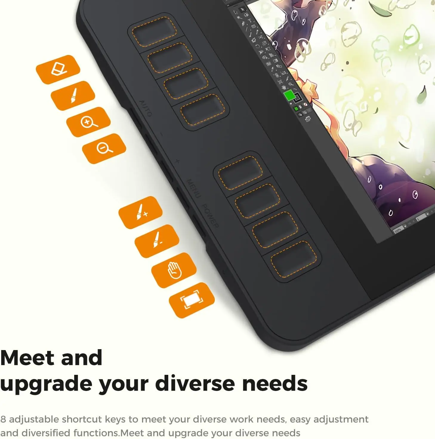 Close-up of a graphics tablet with orange shortcut buttons along the side and a screen showing artwork.