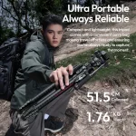 Ulanzi Jj06 Glidego Travel Tripod for Canon Nikon DSLR 5 | PricZone Outdoor scene showing a photographer in a green jacket holding a compact folded carbon fiber tripod with a backpack beside them text highlights Ultra Portable Always Reliable and measurements 515 cm collapsed 176 kg weight conveys a portable travel friendly tripod for photography | PricZone