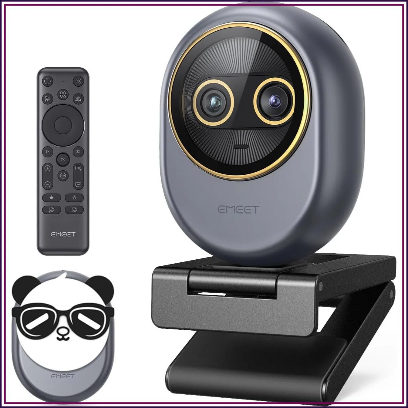 Grey, circular camera with two lenses and gold rings mounted on a black adjustable stand, accompanied by a remote control (EMGEt branding) and panda sticker accessory.