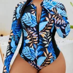 Plus Size Long Sleeve One Piece Swimsuit with Tropical Leaf 3 | PricZone