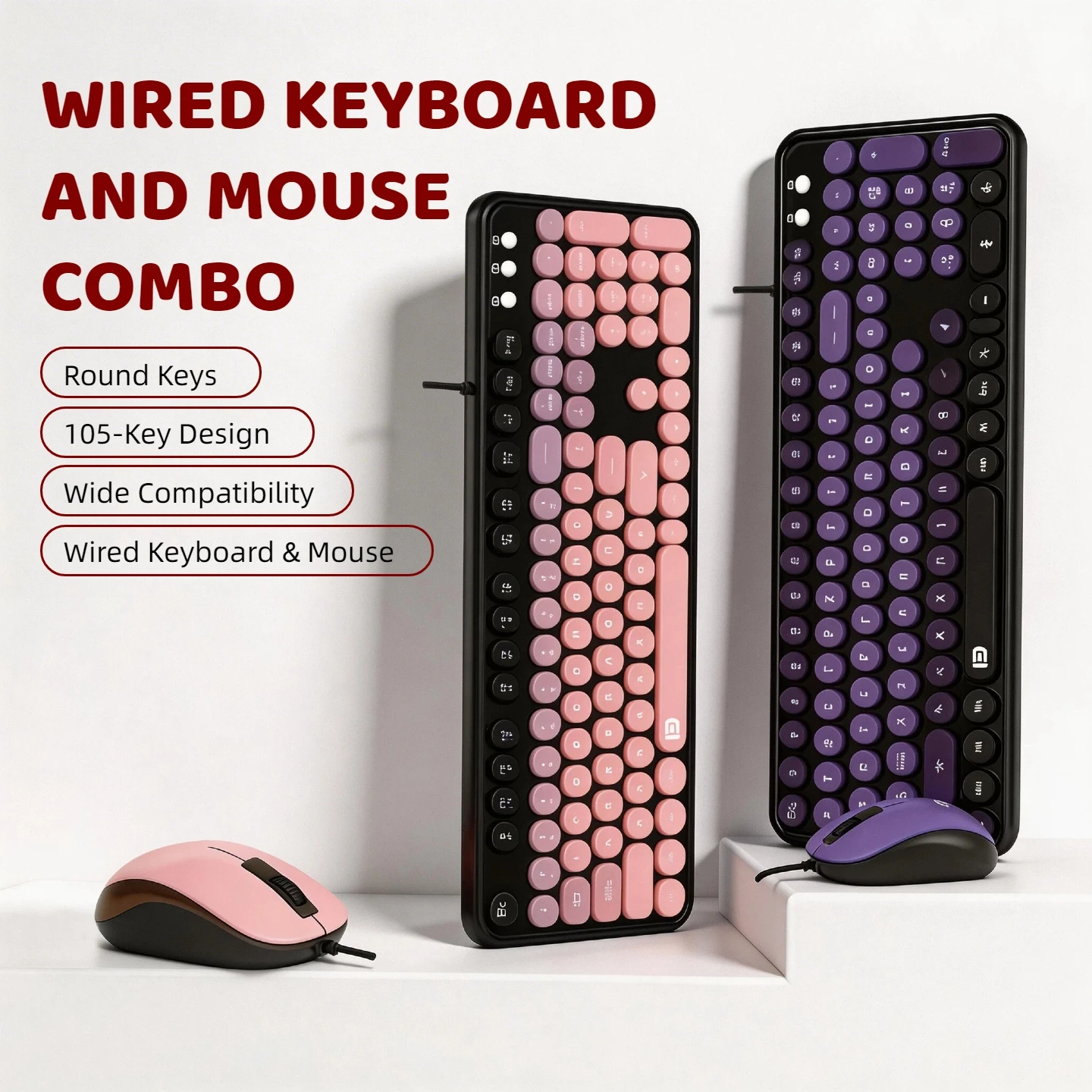 Product image of a wired keyboard and mouse combo with round pink and purple keys, featuring four bullet highlights: Round Keys, 105-Key Design, Wide Compatibility, and Wired Keyboard & Mouse.