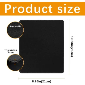 Black square mouse pad with rounded corners, 3mm thick, showing reverse textured underside; size 8.26 in (21 cm) by 10.23 in (26 cm).