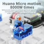Product image of a Huano micro motion switch module with a blue housing and red actuator against a blurred tech background | PricZone