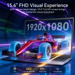 Laptop displaying a red Formula 1 car emerging from a 1920x1080 screen with neon light streaks advertising a 156 FHD display | PricZone