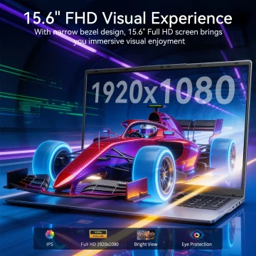 Laptop displaying a red Formula 1 car emerging from a 1920x1080 screen with neon light streaks, advertising a 15.6" FHD display.