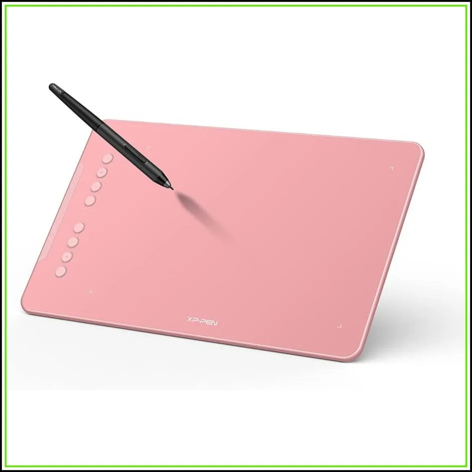 Pink XP-Pen drawing tablet with a black stylus resting on its surface, angled on a white background, showcasing pen input area.