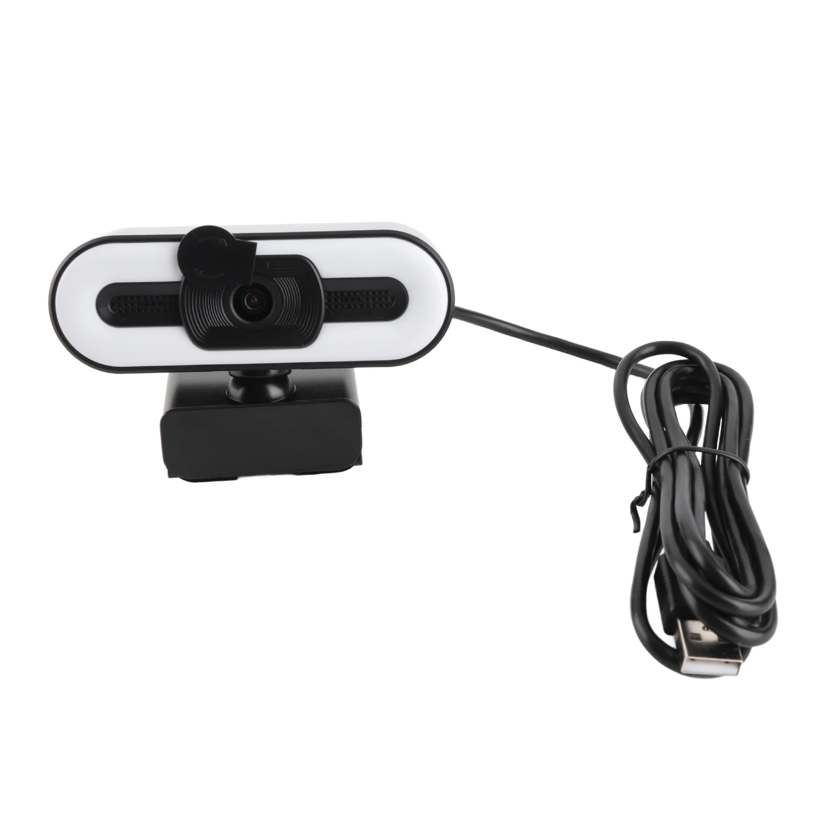 USB webcam mounted on a stand with a long black USB cable trailing to the right.