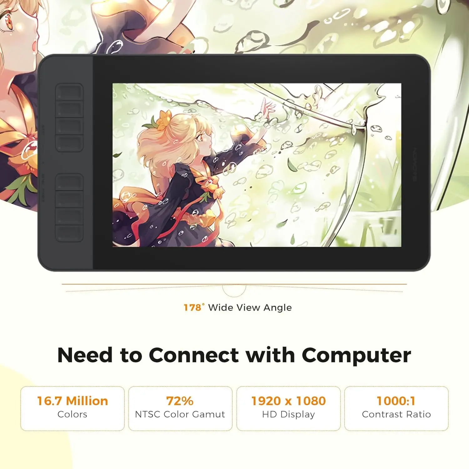 Drawing tablet with a colorful anime illustration on its screen, showing a girl reaching forward amid floating petals.