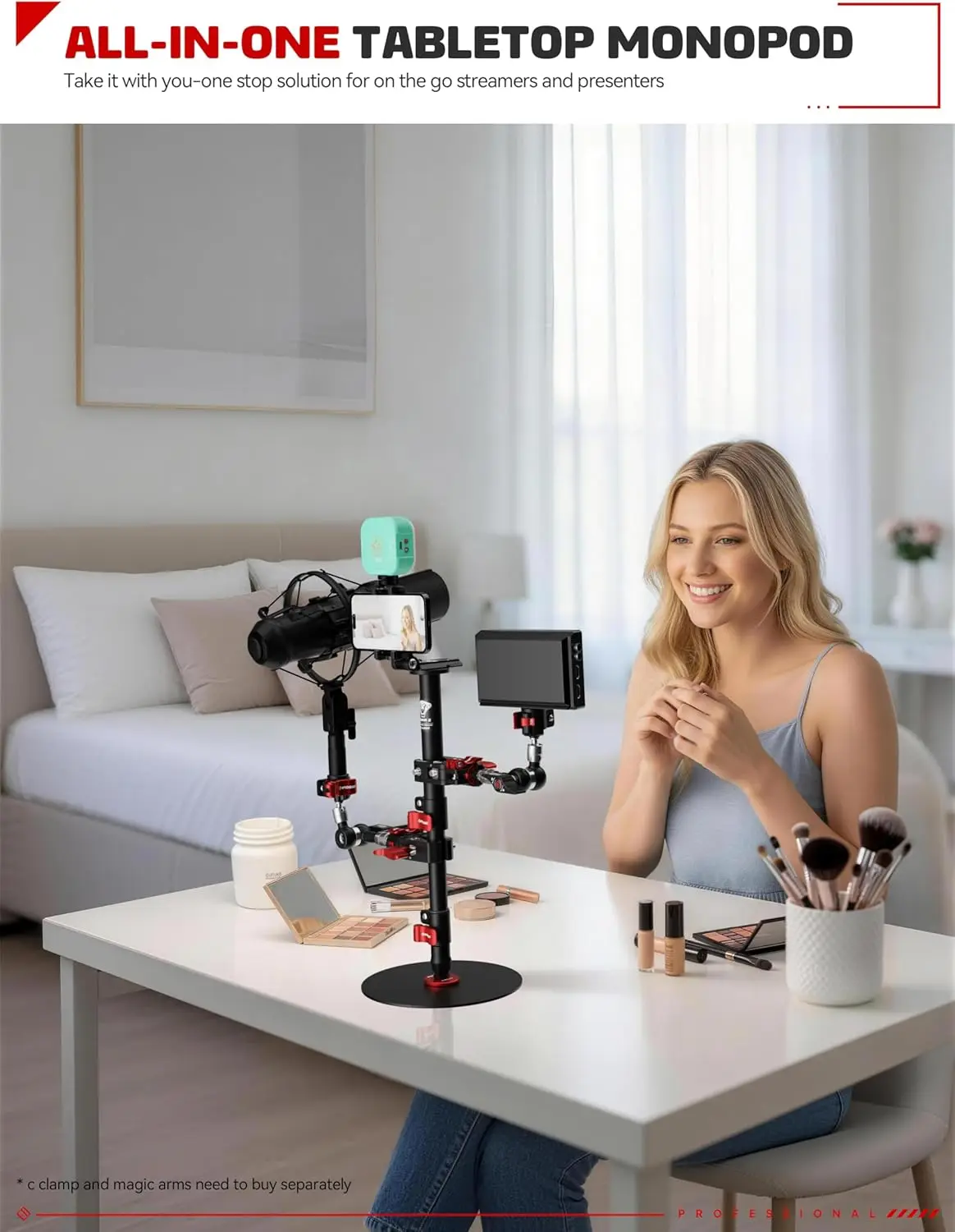 Woman sits at a white table filming with an all-in-one tabletop monopod rig for beauty videos (phone screen, camera, lights).