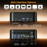 Back panel of a small computer showing labeled ports USB 32 x4 RJ45 LAN DP HDMI and DC power input illustrating available interface options | PricZone