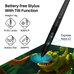 Huion Kamvas Pro 12 Graphics Tablet Screen with 120 sRGB 4 | PricZone Battery free stylus with tilt function and two express keys specs shown 8192 pressure levels 5080 LPI 266 PPS pen pictured alongside a tablet screen graphic | PricZone