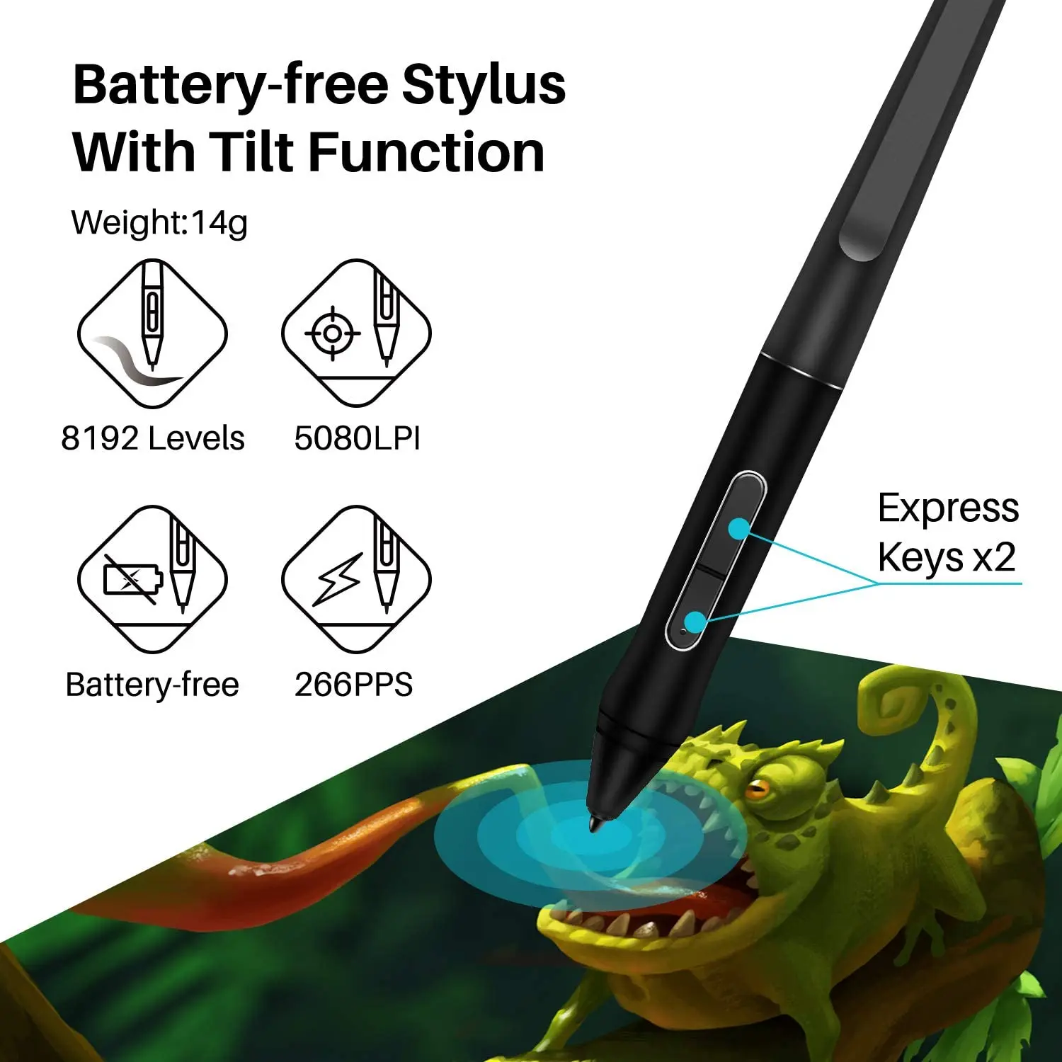 Huion Kamvas Pro 12 Graphics Tablet Screen with 120 sRGB 4 | PricZone Battery free stylus with tilt function and two express keys specs shown 8192 pressure levels 5080 LPI 266 PPS pen pictured alongside a tablet screen graphic | PricZone