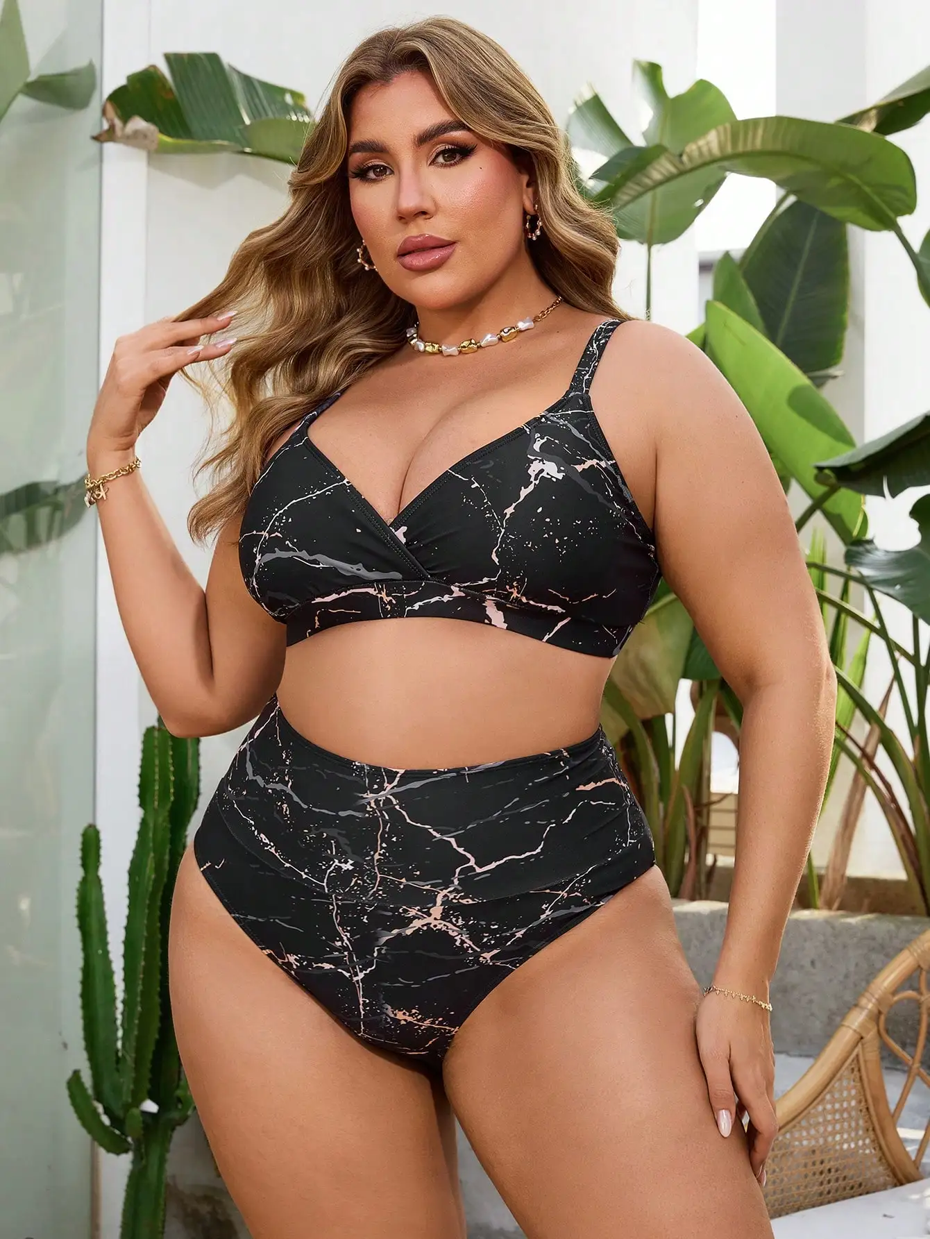 Plus Size Womens Marble Print High Waist Bikini Set 5 | PricZone Plus Size Womens Marble Print High Waist Bikini Set 5 | PricZone