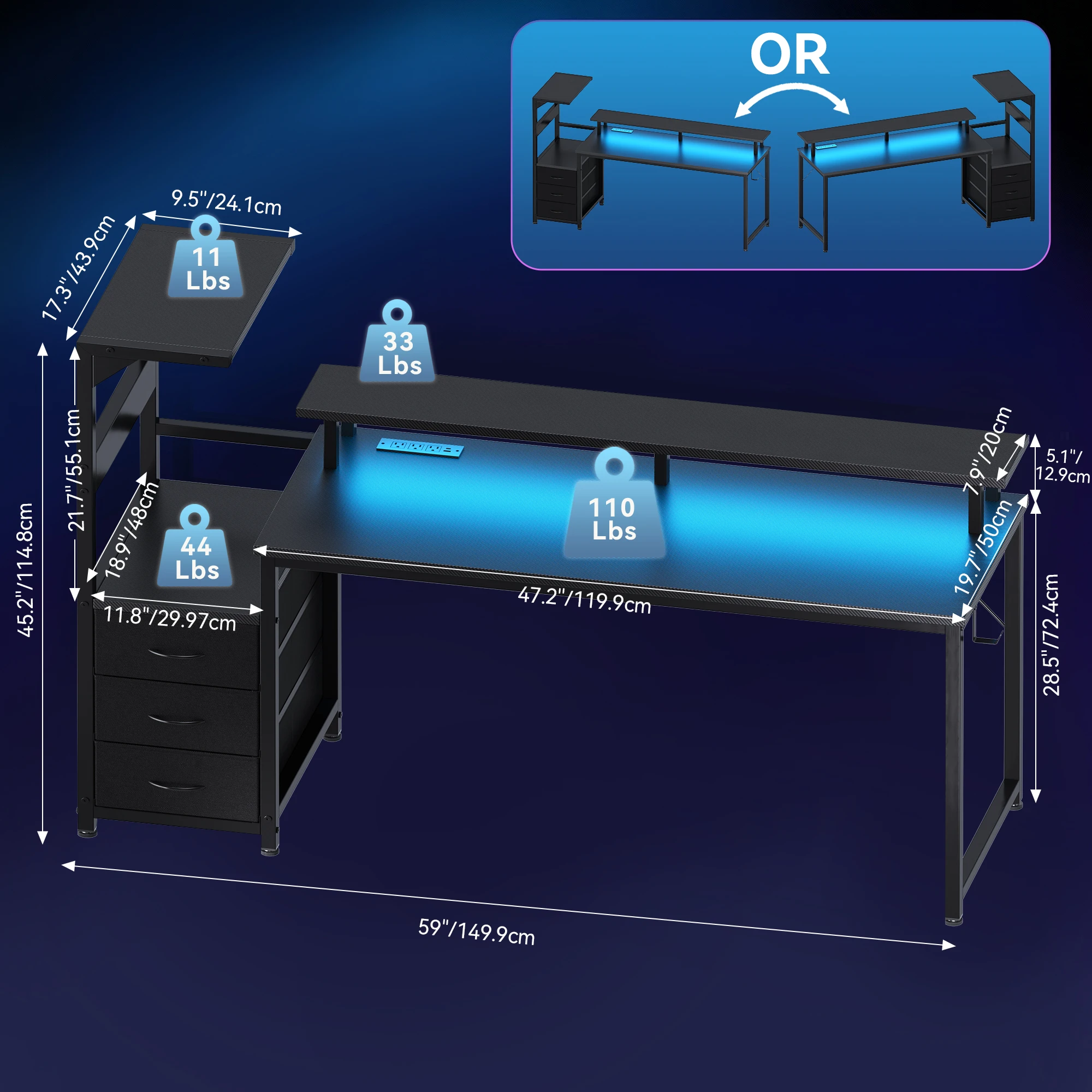 Gaming Desk with 3 Storage Drawers and LED 8