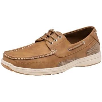 Brown leather boat shoe with white sole and lacing detail on white background.