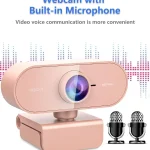 1080P Hd Webcam for PC Laptop Desktop Mac with Microphone 3 | PricZone Rose gold webcam with built in microphone on a stand with sound wave graphics in the background and two microphone icons beside it | PricZone
