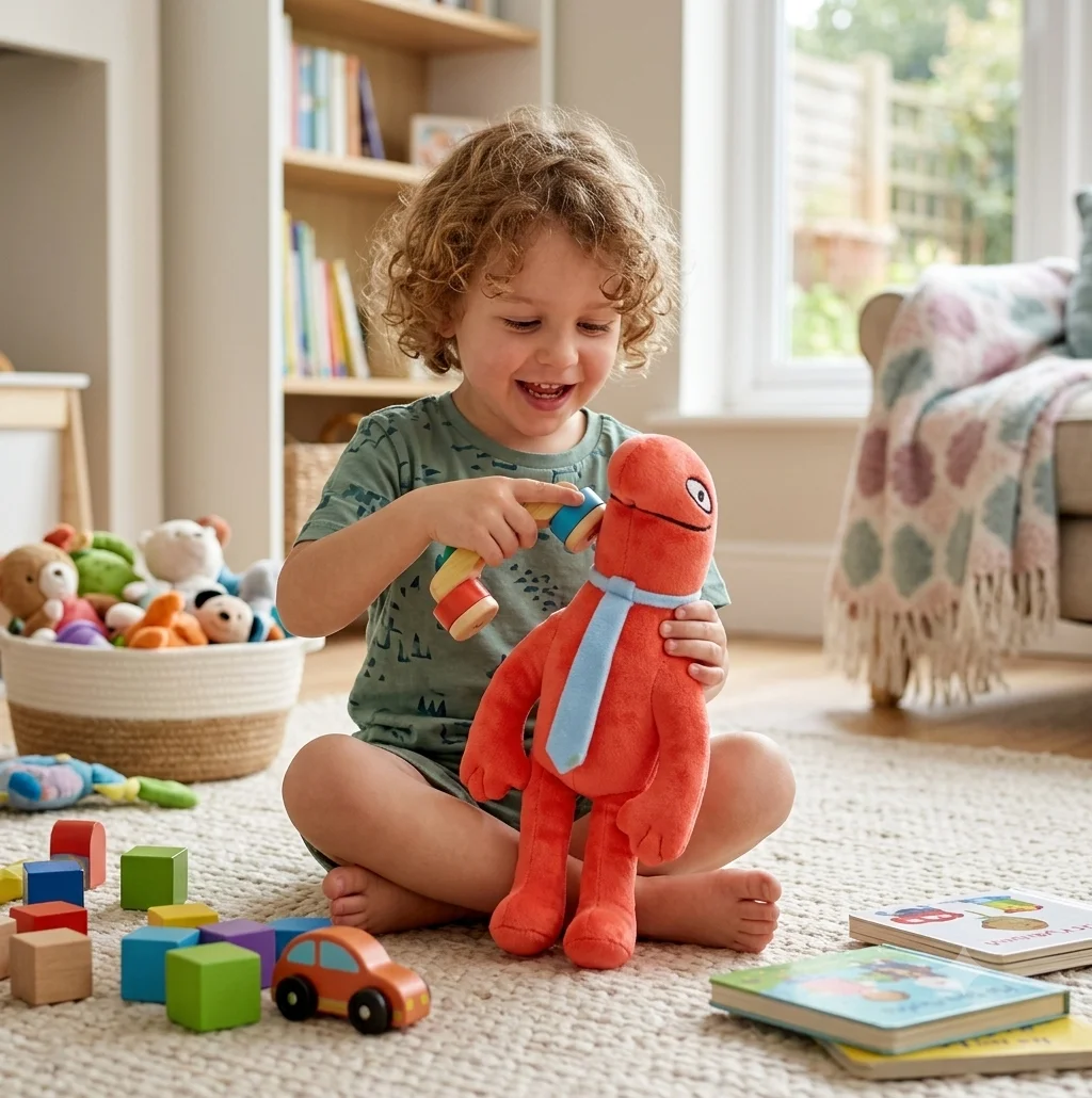 Smiling Friends Glep Plush Toy for Kids 4 | PricZone Young child sitting on a rug playing with an orange plush dinosaur wearing a blue scarf and a colorful hammer toy | PricZone