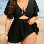 Plus Size Solid Color Swimwear High Waisted Beach 4 | PricZone