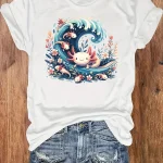 Womens Plus Size Axolotl Wave Tank Top 5 | PricZone White T shirt featuring a whimsical design of a blue curling wave with smiling pink axolotl like creatures among flowers | PricZone