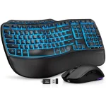 Ergonomic Wireless Keyboard and Mouse Combo 1 | PricZone Ergonomic wireless keyboard with blue backlighting and a matching wireless mouse with USB receiver and palm rest | PricZone