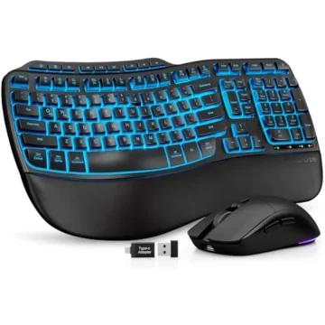 Ergonomic wireless keyboard with blue backlighting and a matching wireless mouse with USB receiver and palm rest | PricZone
