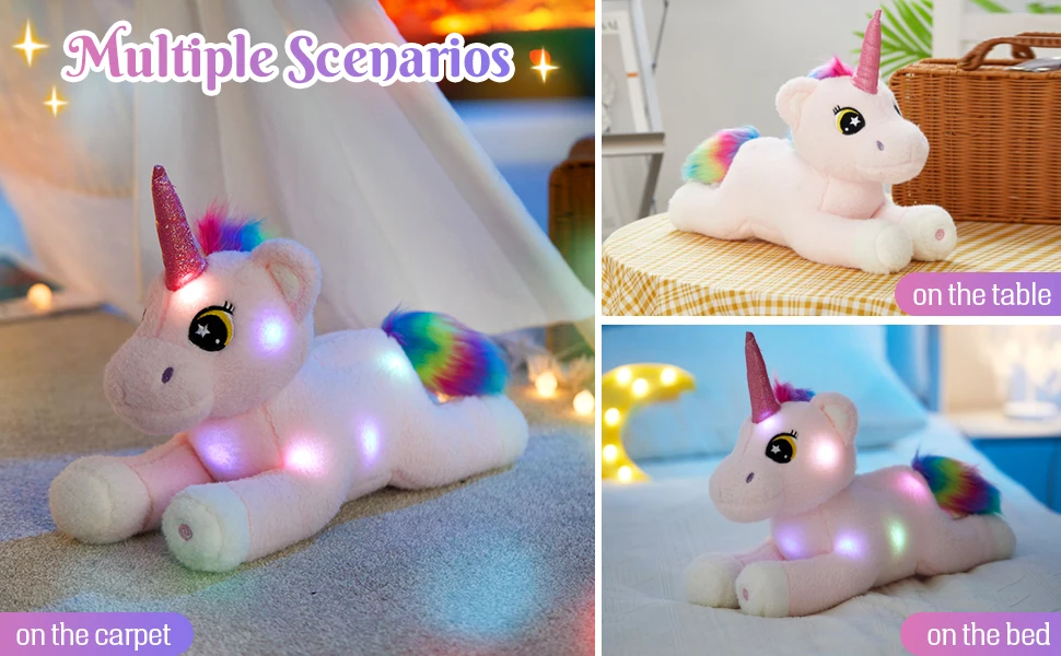 Collage of a plush pink unicorn with a rainbow mane and LED lights on carpet, table, and bed (multiple setups).