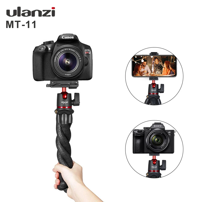 Smart Phone DSLR Versatile Tripod with 360 Degree Ballhead 1 | PricZone Ulanzi MT 11 flexible tripod head with a Canon DSLR mounted insets show a phone mount and a Sony camera setup | PricZone