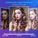 Sony 4K Webcam with PDAF Autofocus and Noise Reduction 5 | PricZone Advertisement for automatic light balance showing three portrait thumbnails of a woman applying red lipstick and a brightness slider labeled Dark Light Normal Exposure at the bottom | PricZone