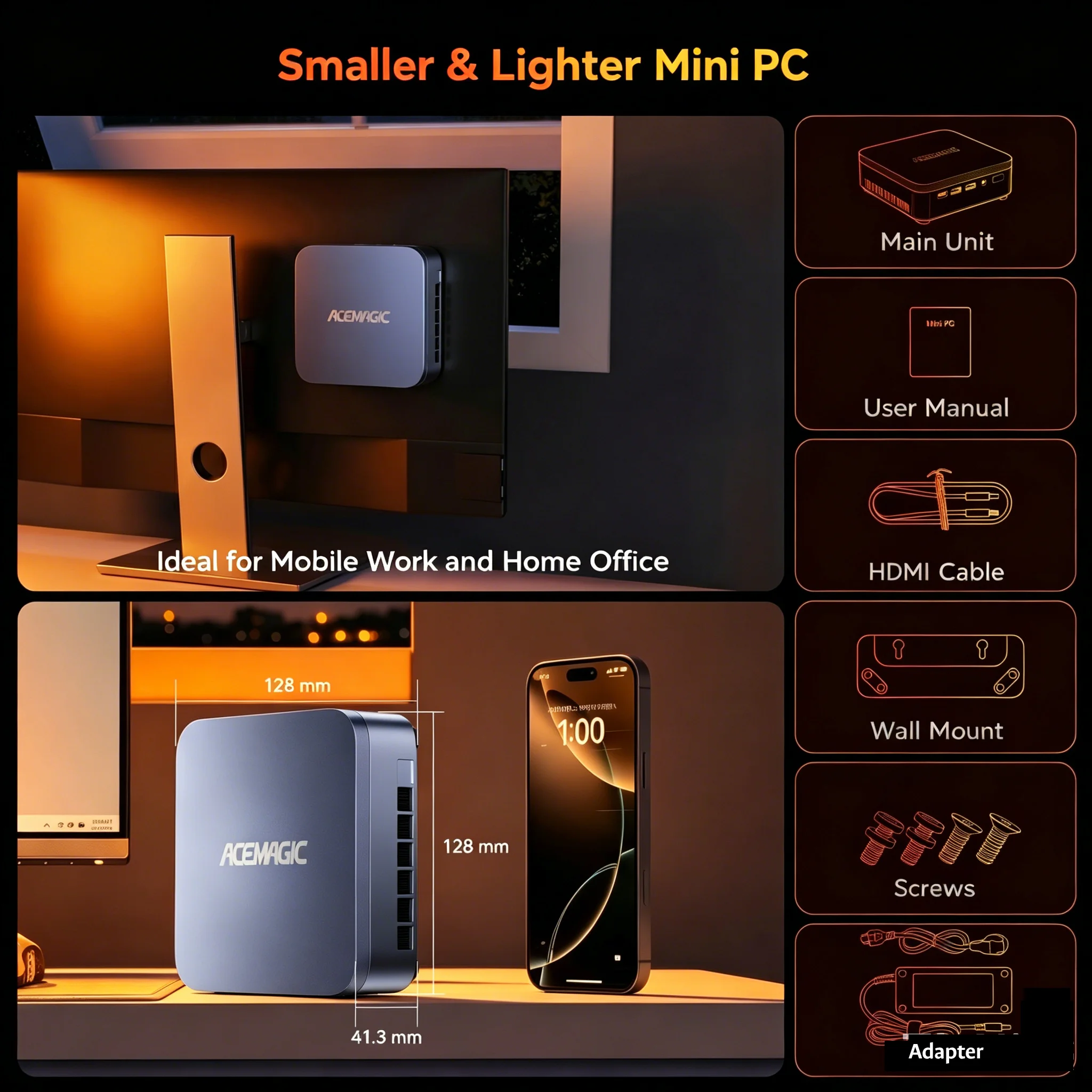 Compact AceMagic mini PC on display with labeled components: Main Unit, User Manual, HDMI Cable, and Adapter; dimensions shown (41.3 mm, 128 mm).