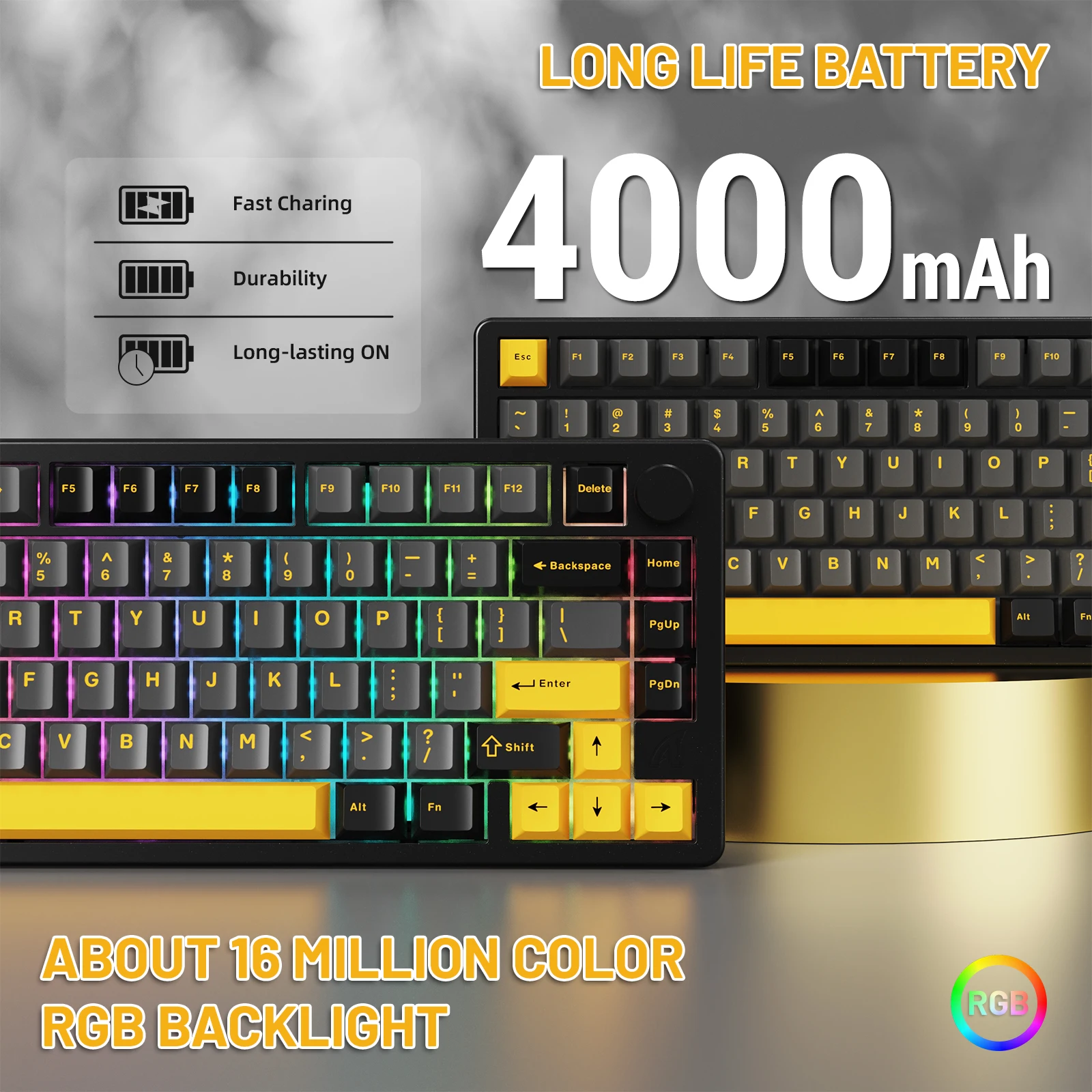 Attack Shark X86 75 Aluminum Cnc Wireless Mechanical 6 | PricZone RGB backlit keyboard banner highlighting a 4000 mAh battery claim with bullets Fast Charging Durability Long lasting ON bottom text mentions 16 million color RGB backlight | PricZone