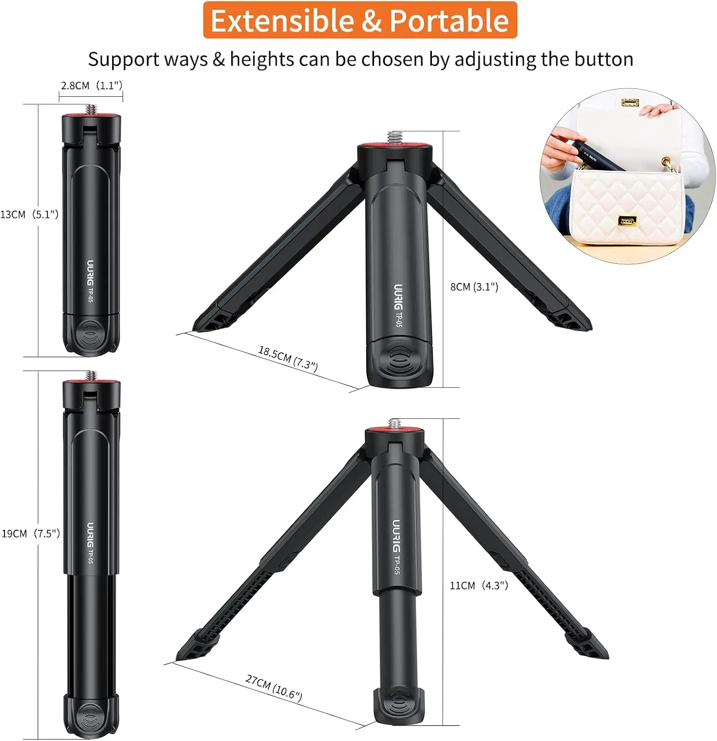 Portable adjustable tripod with extendable legs and measurement labels, showing screw mount at the top and a circular usage inset at right.
