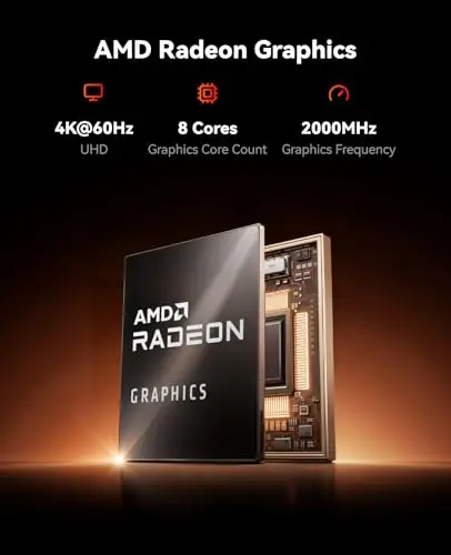 AMD Radeon Graphics banner highlighting 4K@60Hz, 8 cores, and 2000MHz GPU specs with a rendered chip image side view.