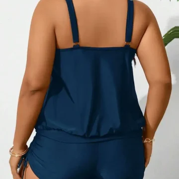 Plus Size Women Solid Color Round Neck Drawstring Ruched 2