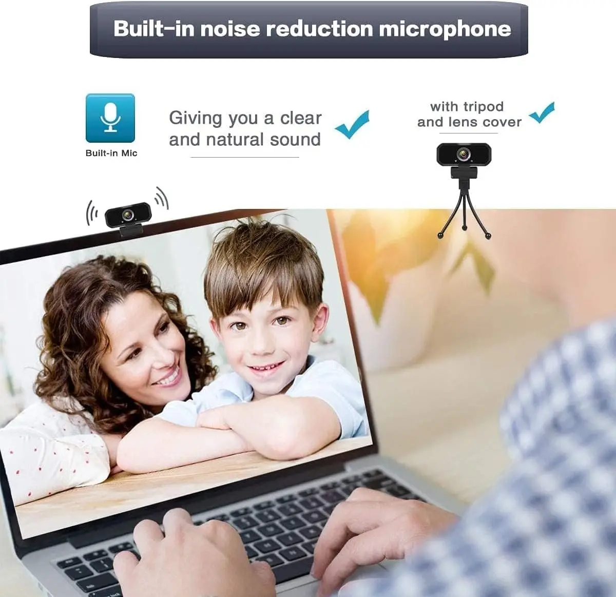 Webcam with built-in mic promoting clear sound and tripod-mounted camera; shows a mom and child on a laptop screen in the foreground of a video call setup.