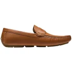 Brown leather penny loafer with prominent moccasin stitching and a low profile rubber sole side view | PricZone