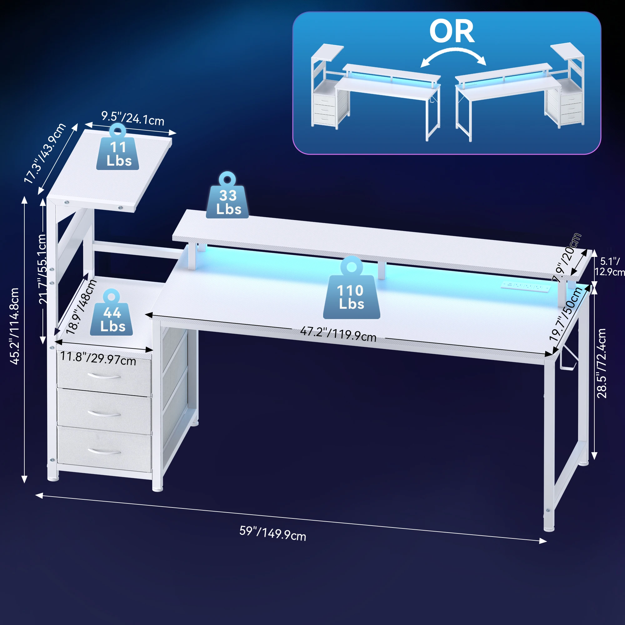 Gaming Desk with 3 Storage Drawers and LED 7