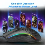 Redragon Storm M808 USB Wired RGB Gaming Mouse 5 | PricZone Gaming mouse with RGB lighting and honeycomb grip shown before a row of game character panels and the caption One click Operation Advance to Master Level | PricZone